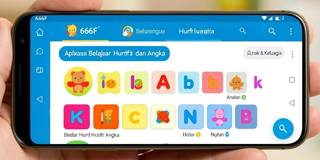 Antarmuka aplikasi 666F menampilkan fitur belajar huruf dan angka yang interaktif.